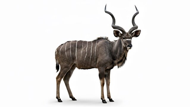 A male greater kudu antelope with large spiral horns standing in profile view