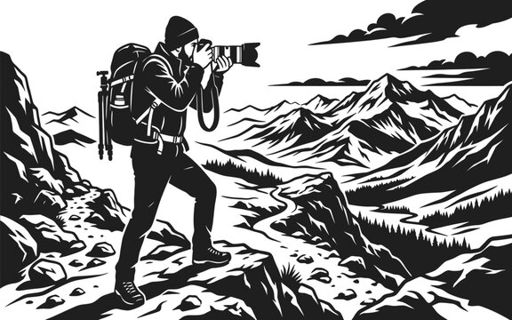 Hiker capturing breathtaking mountain landscape with camera