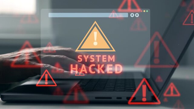System warning alert signals critical security issue. Scene reflects strong cybersecurity protection.Suspicious activity shows possible breach. Monitoring tools detect threats in real time.	