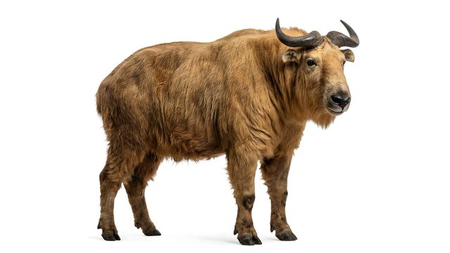 A large golden takin standing and looking to the side in a profile view