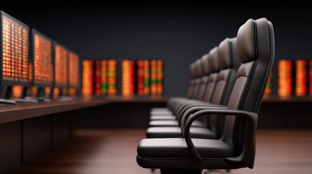 A row of black leather office chairs faces multiple large screens displaying colorful financial data in a modern trading room.