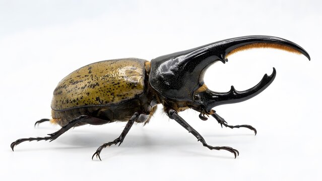 Large hercules beetle with green and brown shell standing on a flat surface