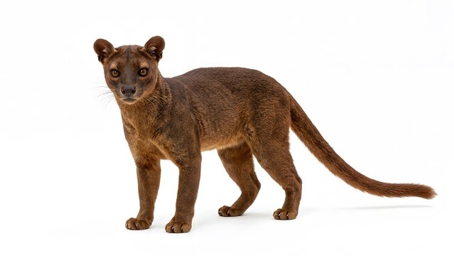 A full body view of a wild fossa standing and looking at the camera in studio light