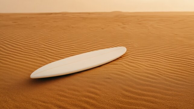 A white surfboard lies on rippled golden sand dunes under a warm, hazy sky.