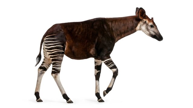 Full body side view of an okapi standing and walking showing its striped legs