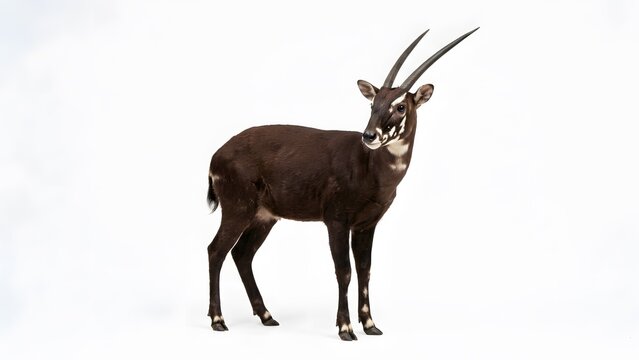 A rare saola animal standing in a profile view showing its long horns and dark fur