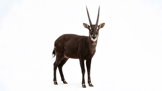 Full body portrait of a dark brown duiker antelope with sharp horns standing still