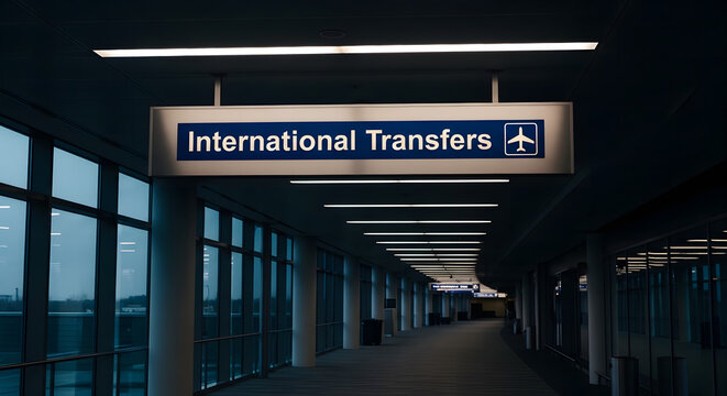 International transfers directional sign inside a modern airport terminal hallway
