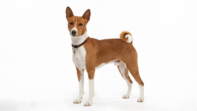 A cute brown and white basenji dog standing still while looking at the camera