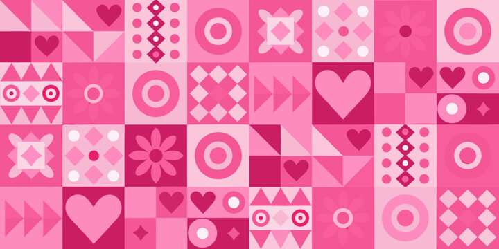 Pink patchwork pattern with hearts circles and floral elements