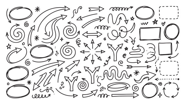 Hand Drawn Sketchy Arrow Elements and Geometric Highlights Set with Scribbled Pointer Lines and Doodle Framing Vectors