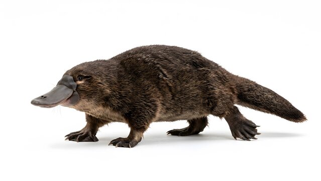 A single duck billed platypus standing and walking in a side view profile