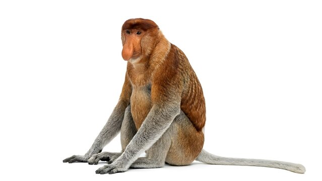 A male proboscis monkey sitting down and looking to the side