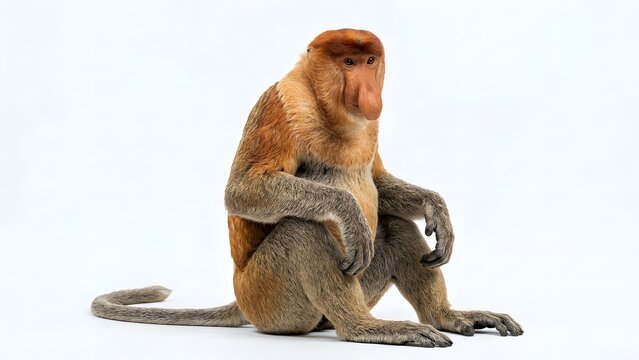 A rare brown proboscis monkey sitting down and looking calm in a natural posture