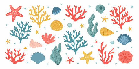 Coral Reef Elements And Marine Life Colorful Vector Illustration © Minati