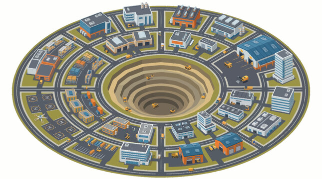 Circular city layout with central deep pit illustration.
