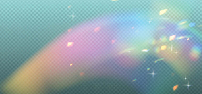 Crystal prism reflects rainbow neon light through diamond glass sparkle. PNG vector lens flare captures glitter, glare, and holographic effect. Light refractions add magical spectrum depth