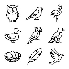 Obraz premium Set of simple bird icons and feather, nest with eggs