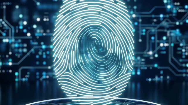 Digital fingerprint scan on a futuristic technology background, biometric security concept, data protection and identity verification 4k video