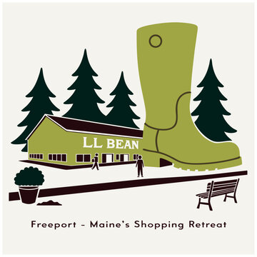 Freeport Maine Shopping Retreat Vector Illustration featuring the Iconic LL Bean Flagship Store and Giant Boot Monument