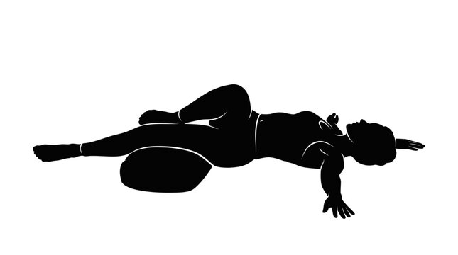 Black and white vector silhouette of a female yoga practitioner performing a reclining spinal twist pose, Supta Matsyendrasana, with a bolster support on a white background.