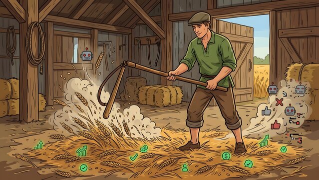 A young farmer threshing wheat with a wooden flail inside a rustic wooden barn
