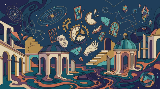 Surreal cosmic dreamscape with celestial objects and architectural elements.
