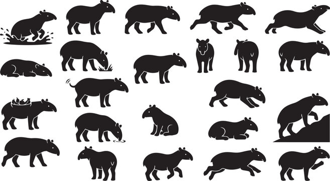 Tapir Silhouette Pose Set &ndash; Tropical Jungle Animal Black Vec
