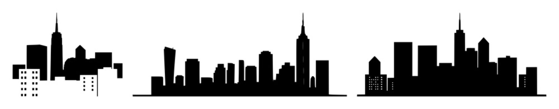 City skyline house icon set with solid black shapes featuring buildings, structures, cityscape with urban and architecture elements