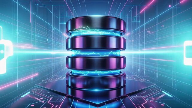 Futuristic database server icon with glowing blue energy lines and digital grid background 4k video
