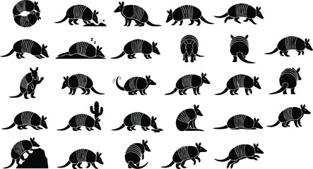 Fototapeta premium Armadillo Silhouette Pose Set – Desert Wildlife Animal Black Vector