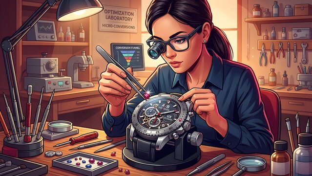 Professional watchmaker repairing a luxury wrist watch at a workbench in a workshop