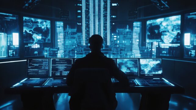 Man working on computer in dark room with holographic screens
