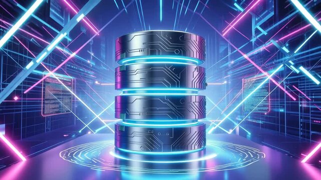 Futuristic digital database server icon with glowing neon circuit board patterns in a hightech cyberspace environment 4k video
