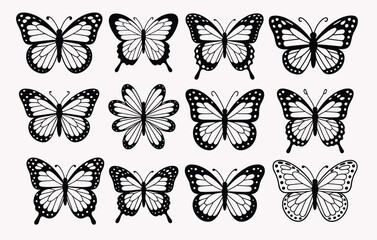 Collection Of Black Butterfly Silhouettes With Detailed Wing Patterns White Background © PixelNest