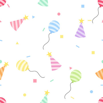 Cute seamless pattern with birthday party hats and balloons