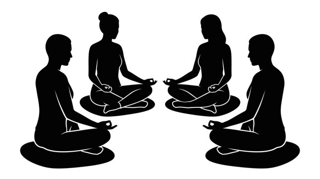 Vector silhouette of a group of four people sitting in a circle in cross-legged lotus meditation pose on zafu cushions, featuring mudra hand positions on a white background.