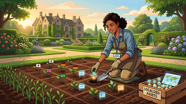 Woman gardener planting small flags in a garden representing global localization