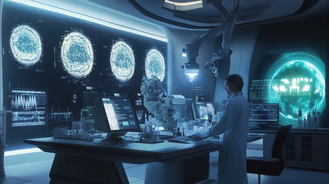 Scientist analyzing extraterrestrial samples in futuristic laboratory