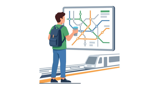 Flat vector illustration of a man with a backpack and coffee looking at a subway route map on a train station platform with a subway car arriving on the track below.