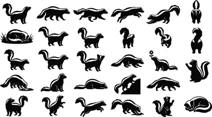 Fototapeta premium Skunk Silhouette Pose Set – Woodland Animal Black Vector Collection