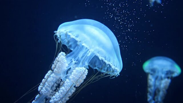 Jellyfish floating in dark blue water