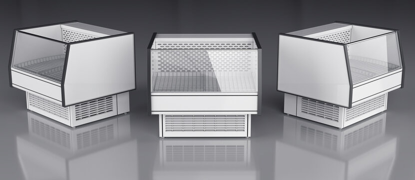 Retail refrigerated display cabinets on glossy floor. 3d illustration on grey background