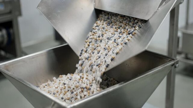 Medium shot capturing plastic pellets flowing seamlessly into an extruder hopper via a vacuum loader highlighting automated precision and clean processing environment