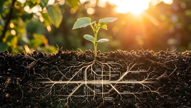 A small green plant growing above a glowing underground city transport map network