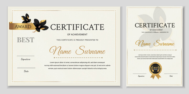 Certificate of achievement template set with gold magnolia flowers. Horizontal and vertical vector layouts for diploma or award recognition. Elegant design with gold seal and wave pattern.