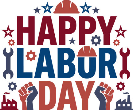 Labor Day celebration with industrial icons and tools on white background