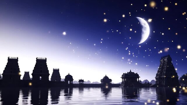 Chandra Darshan Background with Pearl White to Indigo Gradient Moon Reflections Temple Silhouettes and Sparkling Floating Light Particles
