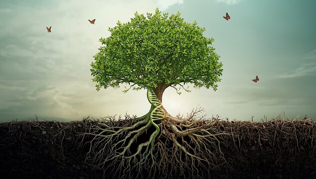 Conceptual illustration of a tree with a dna double helix structure as its trunk and roots, symbolizing the connection between nature and genetics