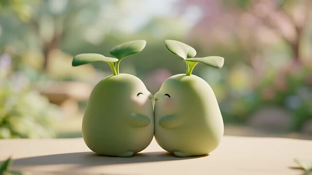 Two cute round sprout characters in a garden setting.